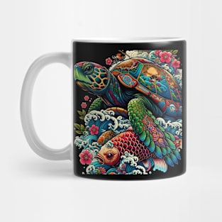 Carp Fish Waves Floral Art Traditional Japanese Turtle Mug